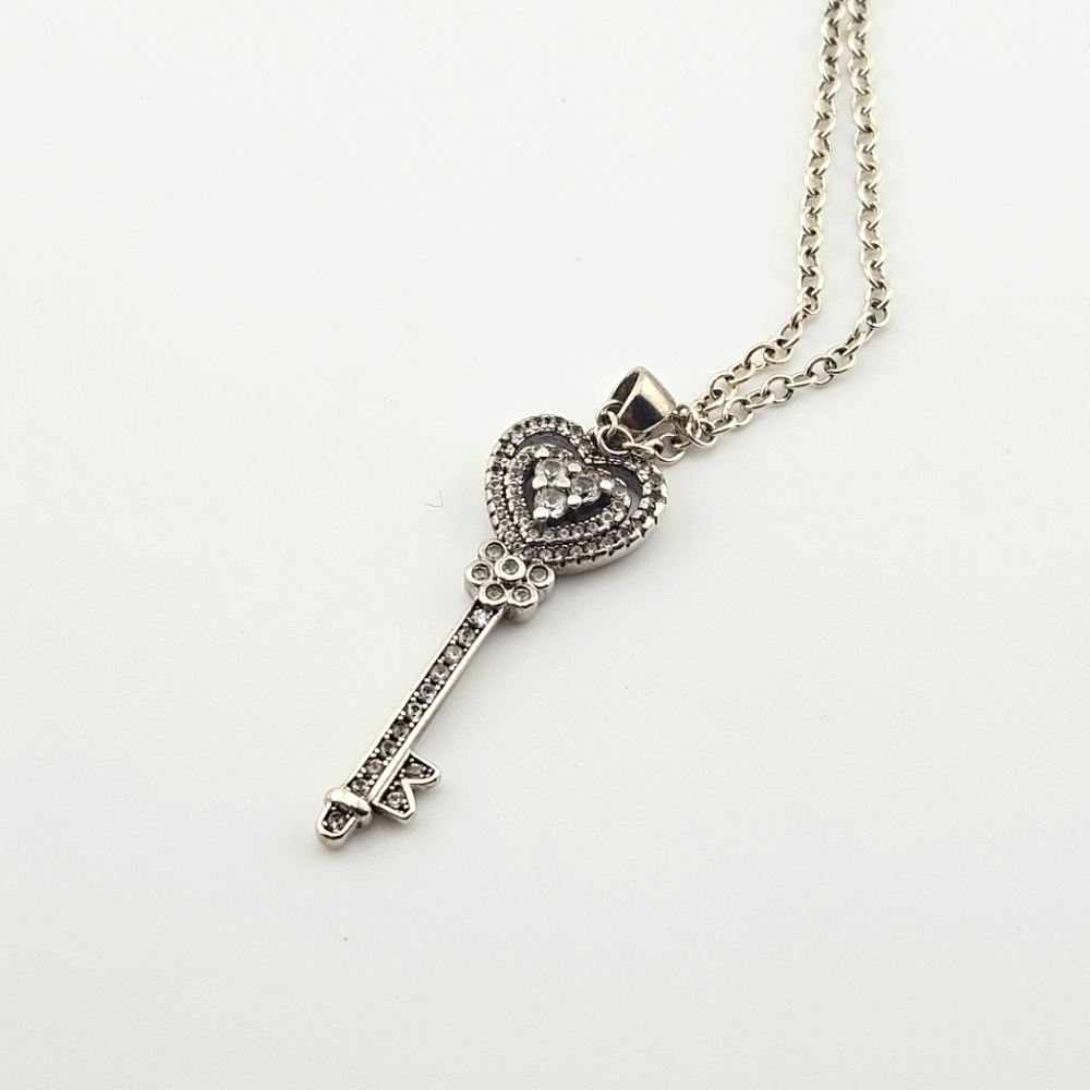 Sterling Silver CZ Heart Key Pendant Necklace 925 Stamped